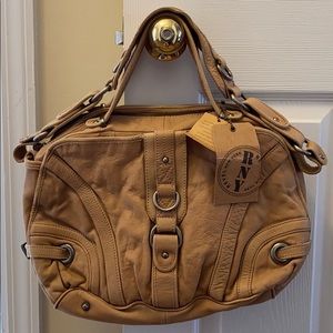 Revel tan earth colored leather satchel,